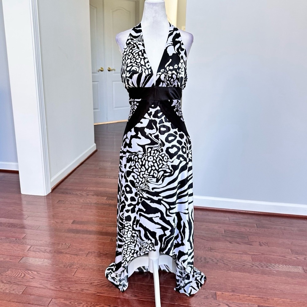 Morgan & Co Black White Open Back Sexy High Low Animal Print Gown Dress Large